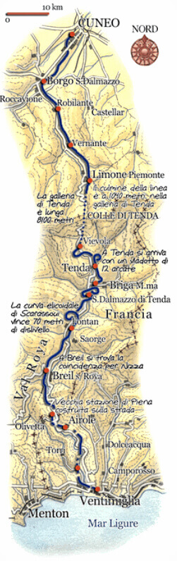 Mappa della linea ferroviaria delle Meraviglie Cuneo-Ventimiglia