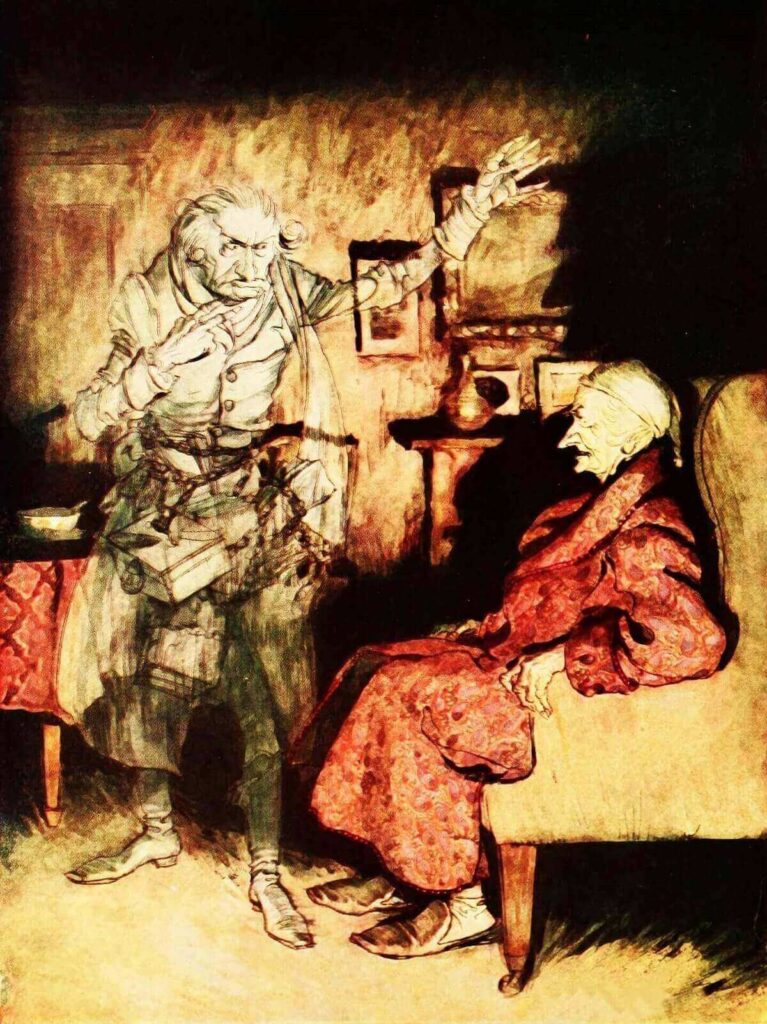 illustrazione di Ebenezer Scrooge di Canto di Natale con fantasma di Marley incatenato
